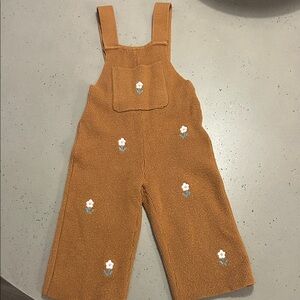 Zara 9-12m Kids Knit Overalls with Daisy Embroidery - Rust